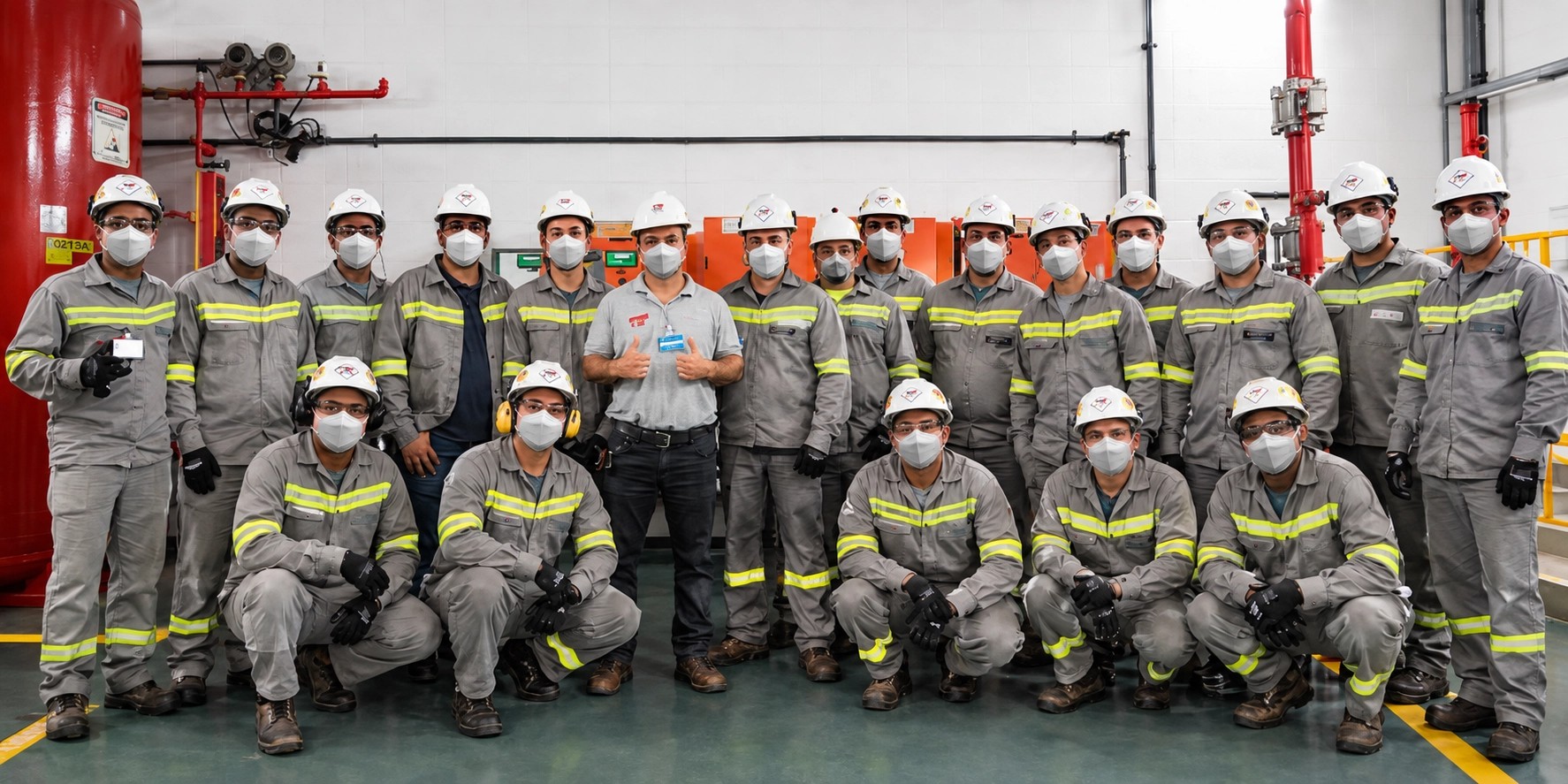 Equipe Power Volt com uniforme cinza, capacetes e máscaras