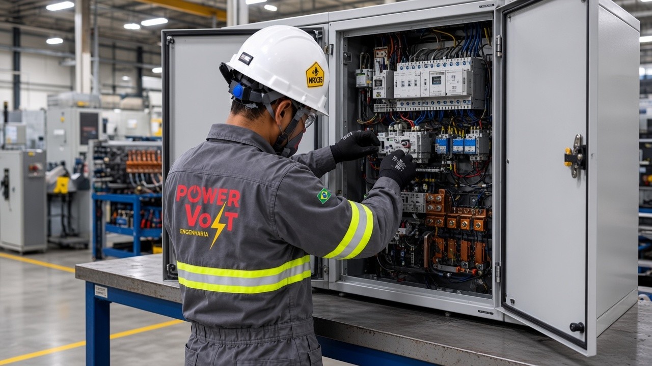 Inspeção e montagem de painel Schneider, uniforme cinza e capacete branco