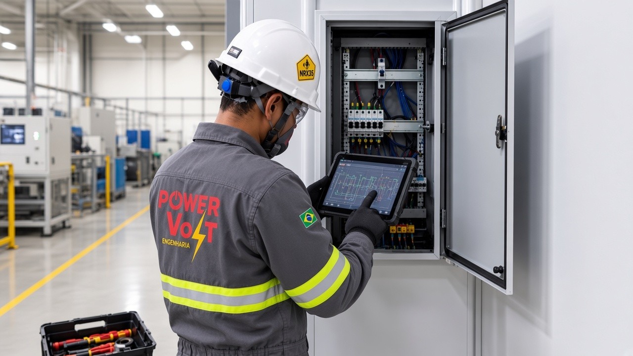 Técnico Power Volt em manutenção de painel elétrico, uniforme cinza e capacete branco