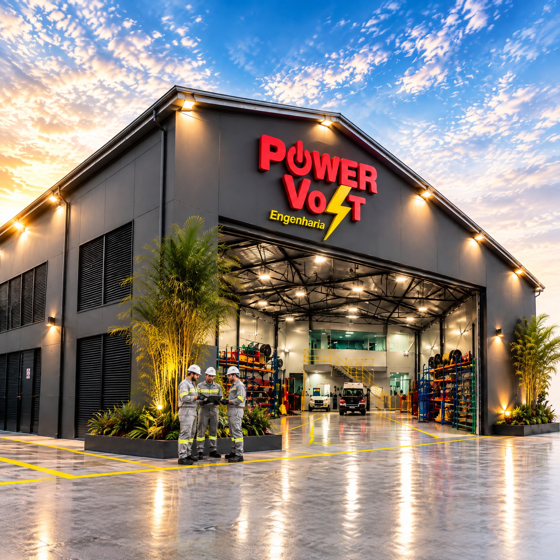 Sede Power Volt Engenharia em Guaratiba, equipe na fachada do galpão