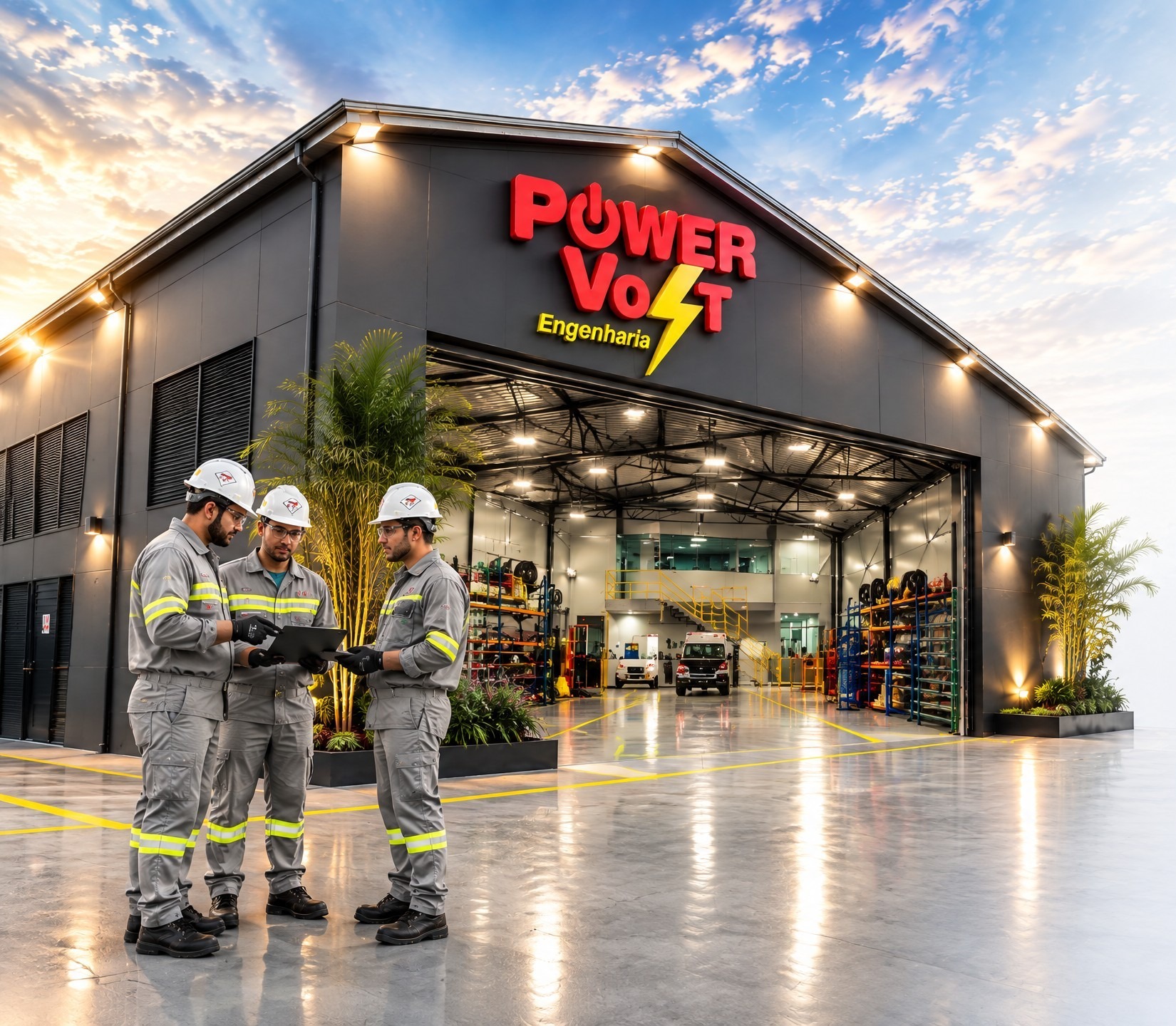 Sede Power Volt Engenharia em Guaratiba, equipe na fachada do galpão