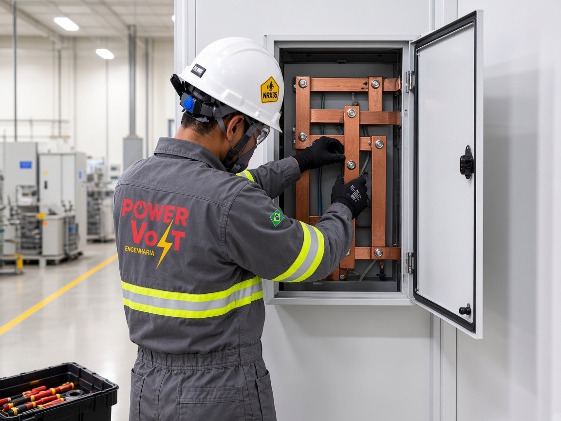Inspeção e montagem de painel Schneider, uniforme cinza e capacete branco
