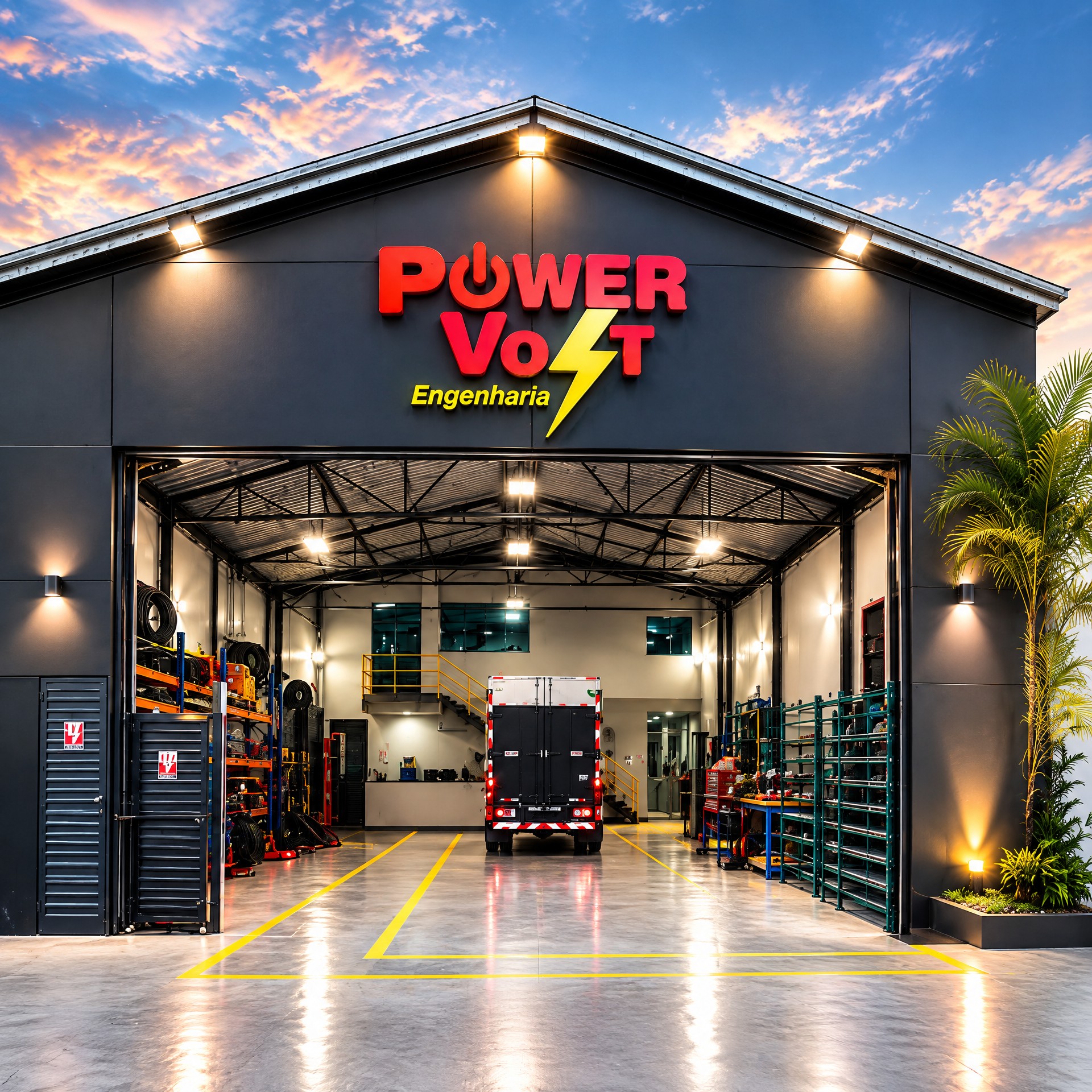 Sede Power Volt Engenharia, galpão com a marca na fachada