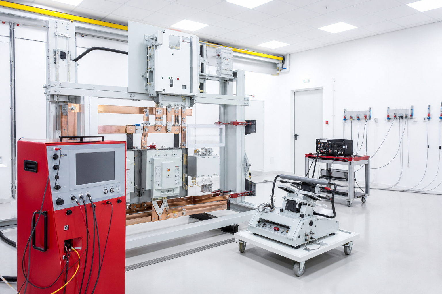 Laboratório de testes e comissionamento Power Volt, bancada e painéis em inspeção