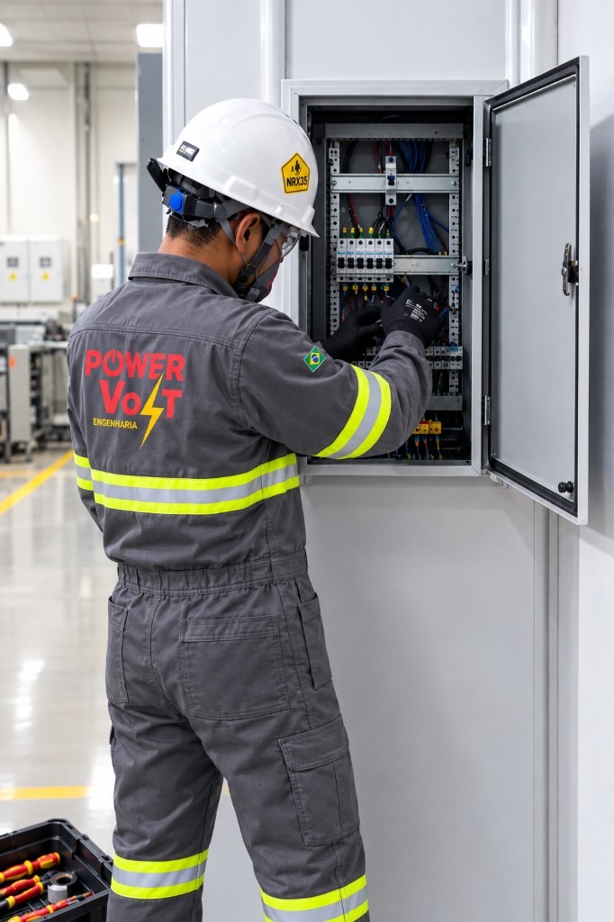 Técnico Power Volt em manutenção de painel elétrico, uniforme cinza e capacete branco